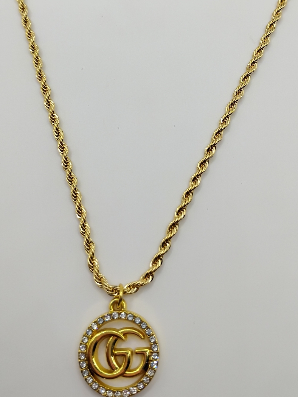Gucci Gold Double G Crystal Authentic Pendant On A 14K Rope Necklace - Picture 15 of 16